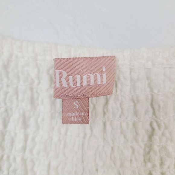 Le Rumi Bow Dress S White Seersucker Off Shoulder Tie Sleeve Smocked A-Line Mini - Picture 8 of 10